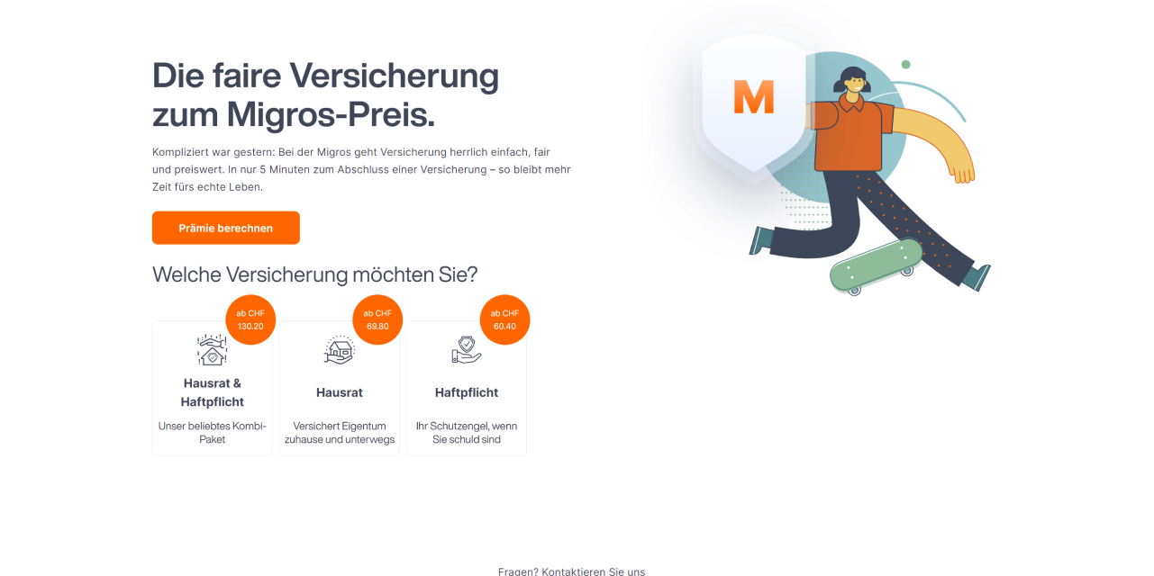 With one of Switzerland's largest retailers, an insurance solution for the home is offered to their customers. Migros expands their product offering for the home with their insurance brand Migros Versicherungen. Migros Versicherungen started with our household and liability insurance solution.  <a href="https://www.migros-versicherungen.ch/de" class="get-quote-btn"  target="_blank">Get a Quote</a>